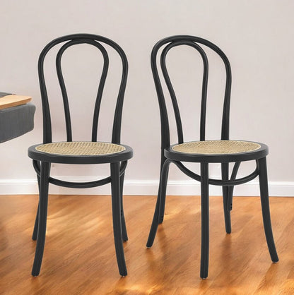 Set of Two Black and Natural Solid Wood And Rattan Curved Back Dining Side Chairs