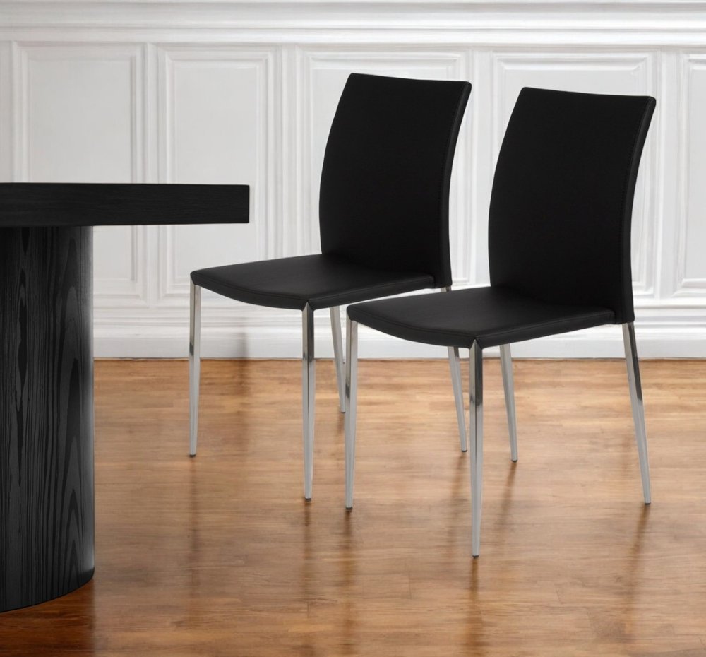Set of Two Black and Silver Upholstered Faux Leather Dining Side Chairs