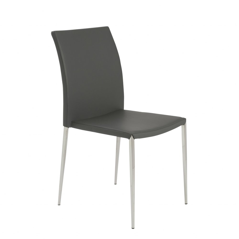 Set of Two Gray and Silver Upholstered Leather Dining Side Chairs