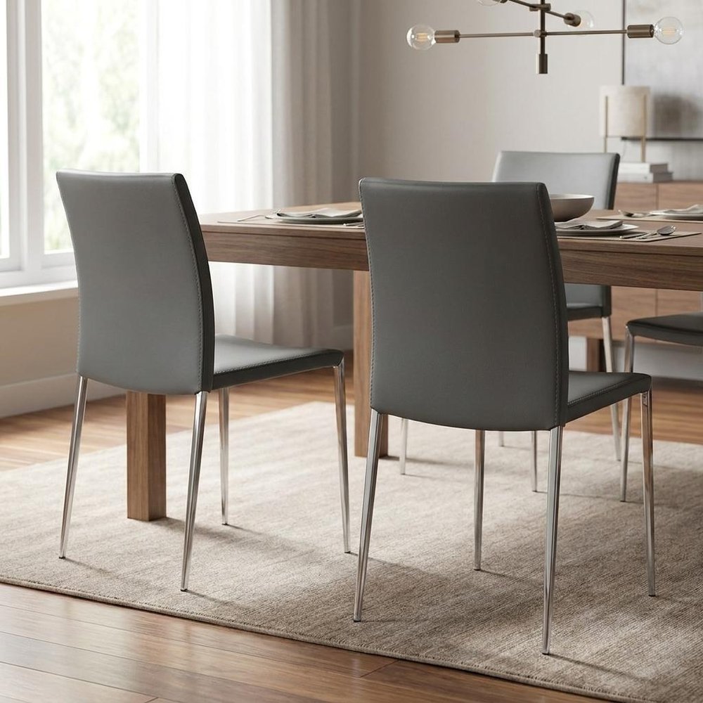 Set of Two Gray and Silver Upholstered Leather Dining Side Chairs