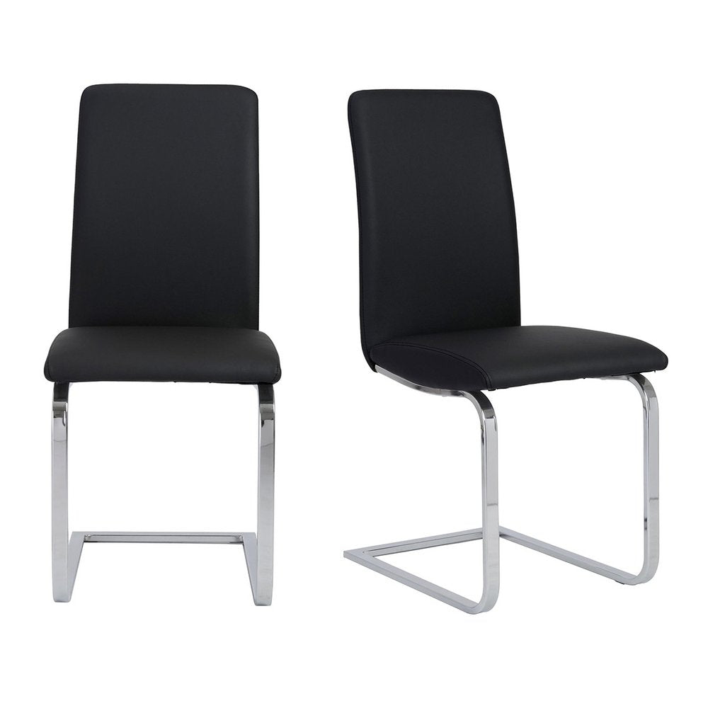 Set of Two Black and Silver Upholstered Leather Dining Side Chairs