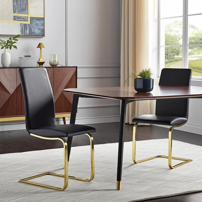 Set of Two Black and Gold Upholstered Leather Dining Side Chairs