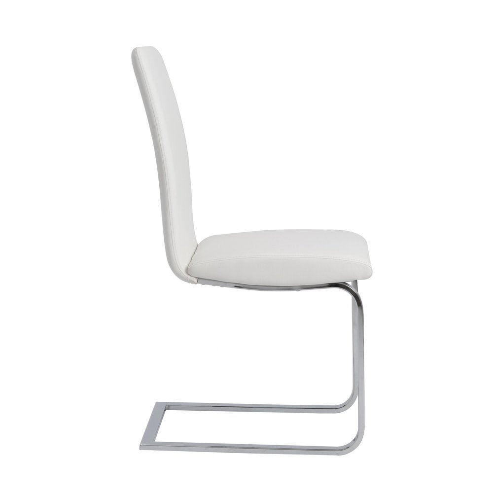 Set of Two White and Silver Upholstered Leather Dining Side Chairs