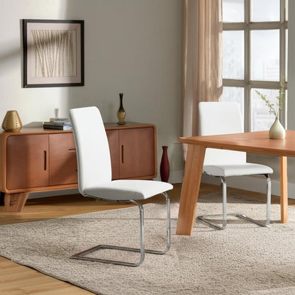 Set of Two White and Silver Upholstered Leather Dining Side Chairs