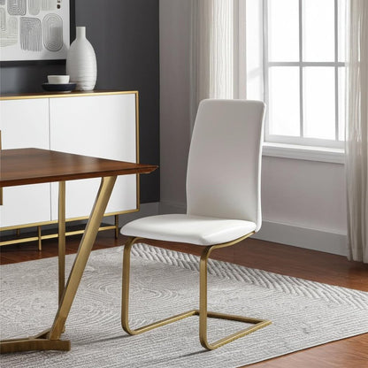 Set of Two White and Gold Upholstered Leather Dining Side Chairs