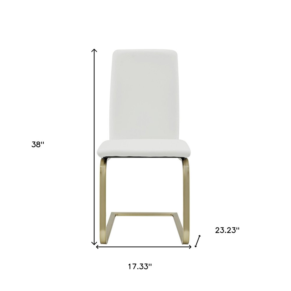 Set of Two White and Gold Upholstered Leather Dining Side Chairs