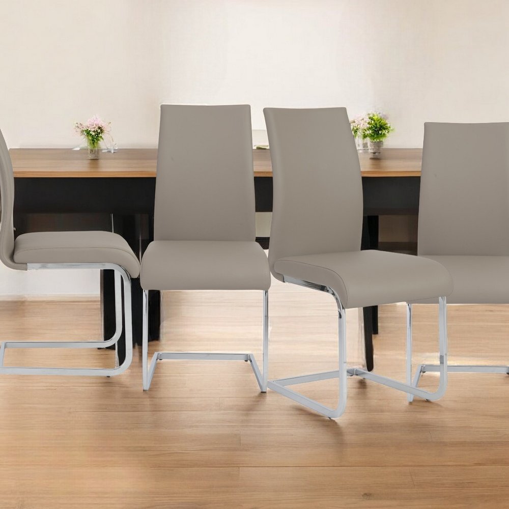 Set of Four Taupe and Silver Upholstered Leather Dining Side Chairs