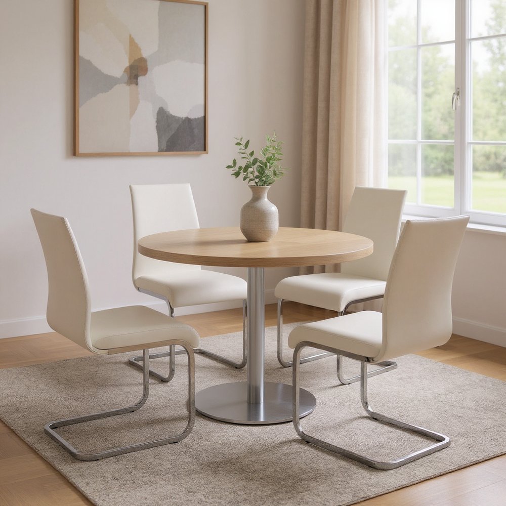 Set of Four White and Silver Upholstered Leather Dining Side Chairs