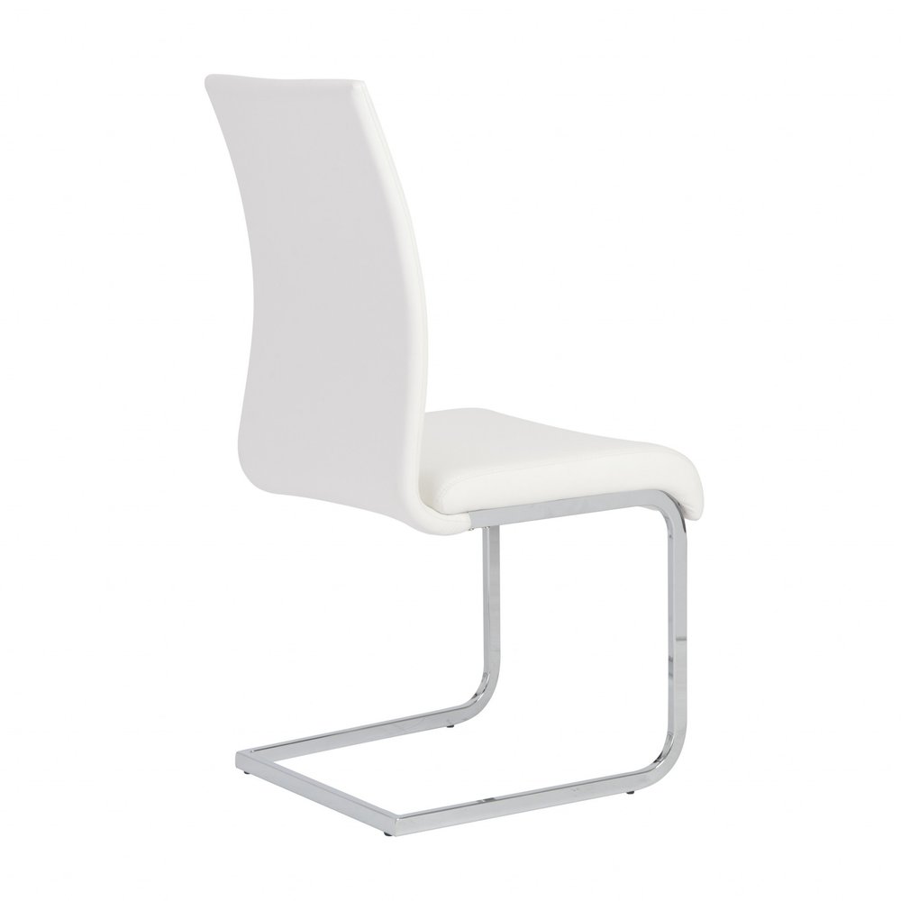 Set of Four White and Silver Upholstered Leather Dining Side Chairs