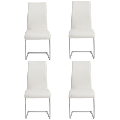 Set of Four White and Silver Upholstered Leather Dining Side Chairs
