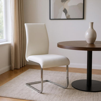 Set of Four White and Silver Upholstered Leather Dining Side Chairs