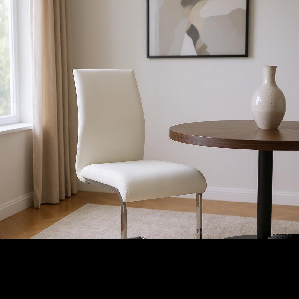 Set of Four White and Silver Upholstered Leather Dining Side Chairs