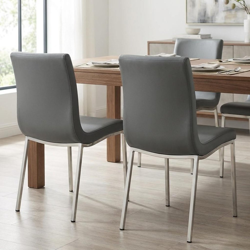 Set of Two Gray And Silver Upholstered Leather Dining Side Chairs