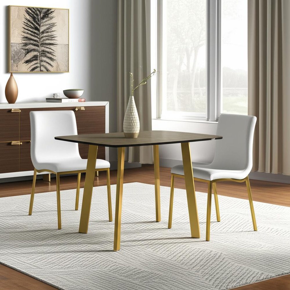 Set of Two White and Gold Upholstered Leather Dining Side Chairs