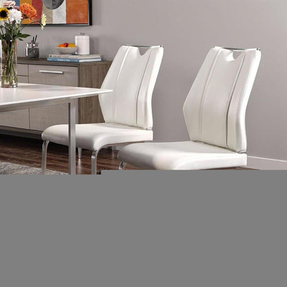 Set of Two White and Silver Upholstered Leather Dining Side Chairs