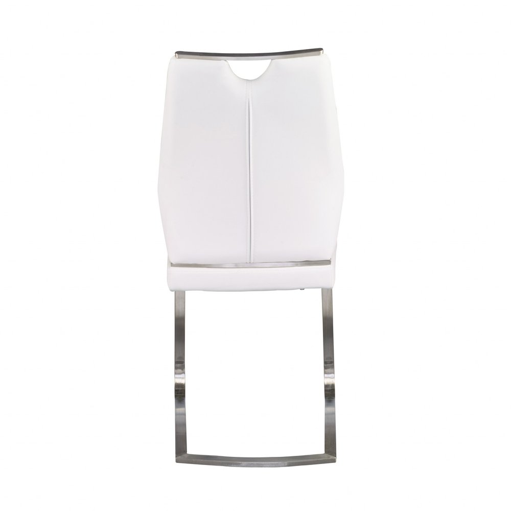 Set of Two White and Silver Upholstered Leather Dining Side Chairs