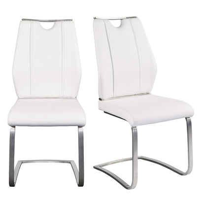 Set of Two White and Silver Upholstered Leather Dining Side Chairs