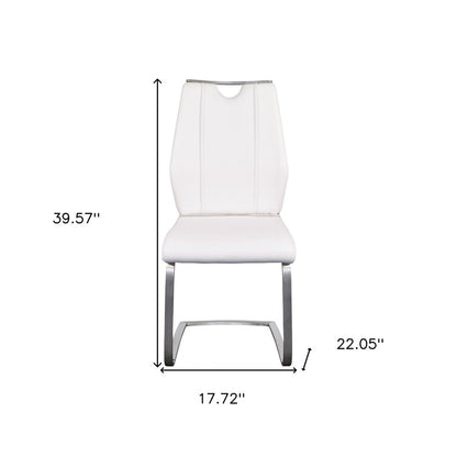 Set of Two White and Silver Upholstered Leather Dining Side Chairs