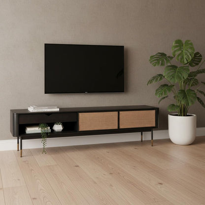 Black Wood and Wicker Media Stand