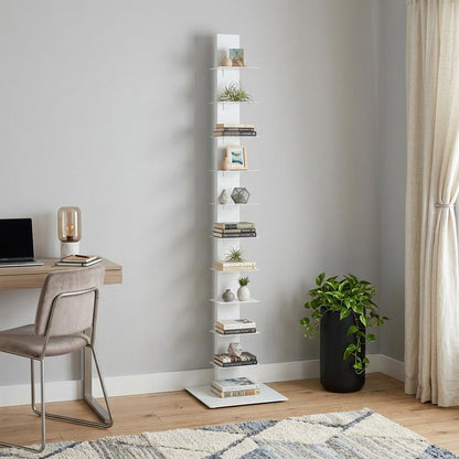60" White Metal Ten Shelf Modern Tower Bookcase