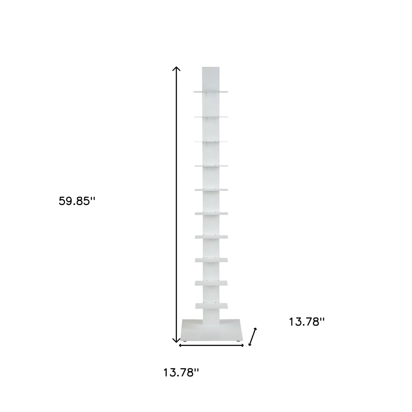 60" White Metal Ten Shelf Modern Tower Bookcase