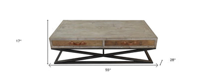55" Brown and Black Solid Wood and Iron Distressed Frame Coffee Table With Two Drawers
