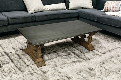 63" Gray and Brown Zinc and Solid Wood Pedestal Coffee Table