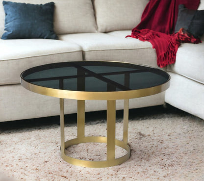 32" Black and Gold Glass and Iron Round Frame Coffee Table