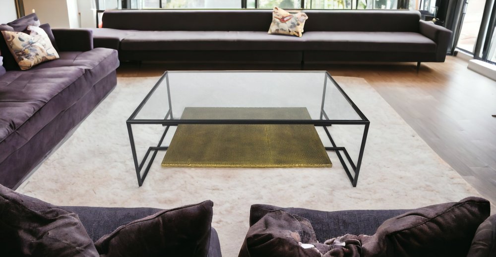 54" Clear and Black Glass and Iron Floor Shelf Coffee Table With Shelf