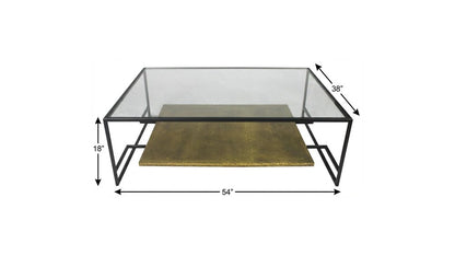 54" Clear and Black Glass and Iron Floor Shelf Coffee Table With Shelf
