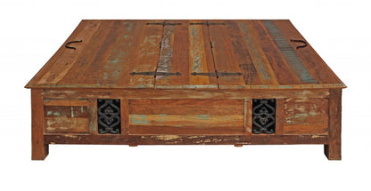 60" Green and Brown Solid Wood Distressed Lift Top Solid Coffee Table