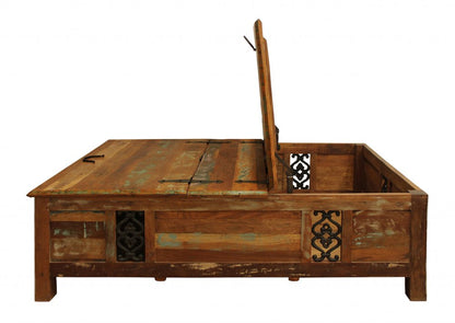 60" Green and Brown Solid Wood Distressed Lift Top Solid Coffee Table