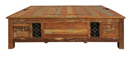 60" Green and Brown Solid Wood Distressed Lift Top Solid Coffee Table
