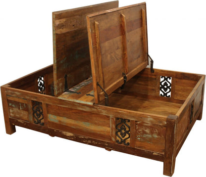 60" Green and Brown Solid Wood Distressed Lift Top Solid Coffee Table