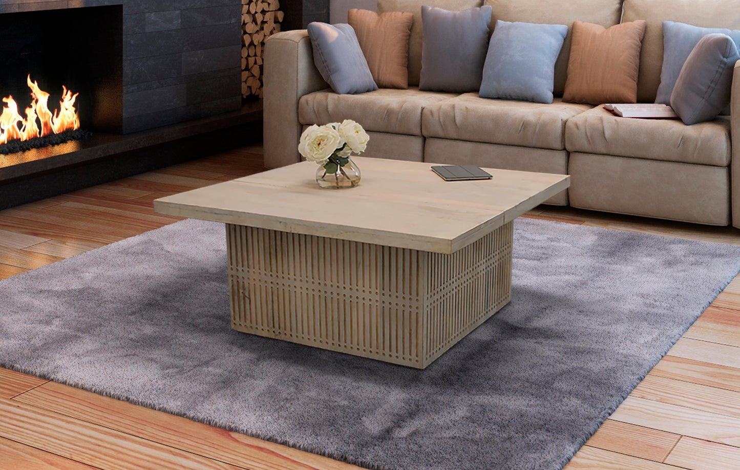 Rustic Graywash Carved Wood Storage Coffee Table