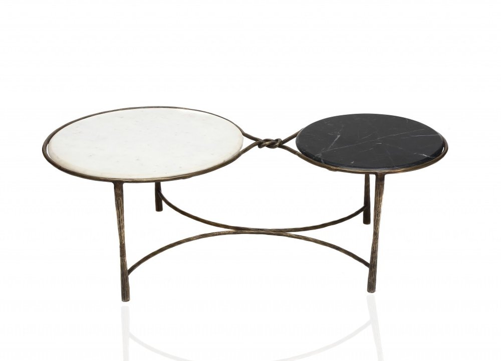 48" Black Ivory and Brass Genuine Marble and Iron Round Frame Coffee Table