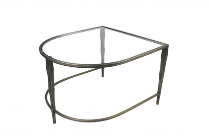Set of Two Clear and Gold Glass and Iron Oval Frame Nested Coffee Tables