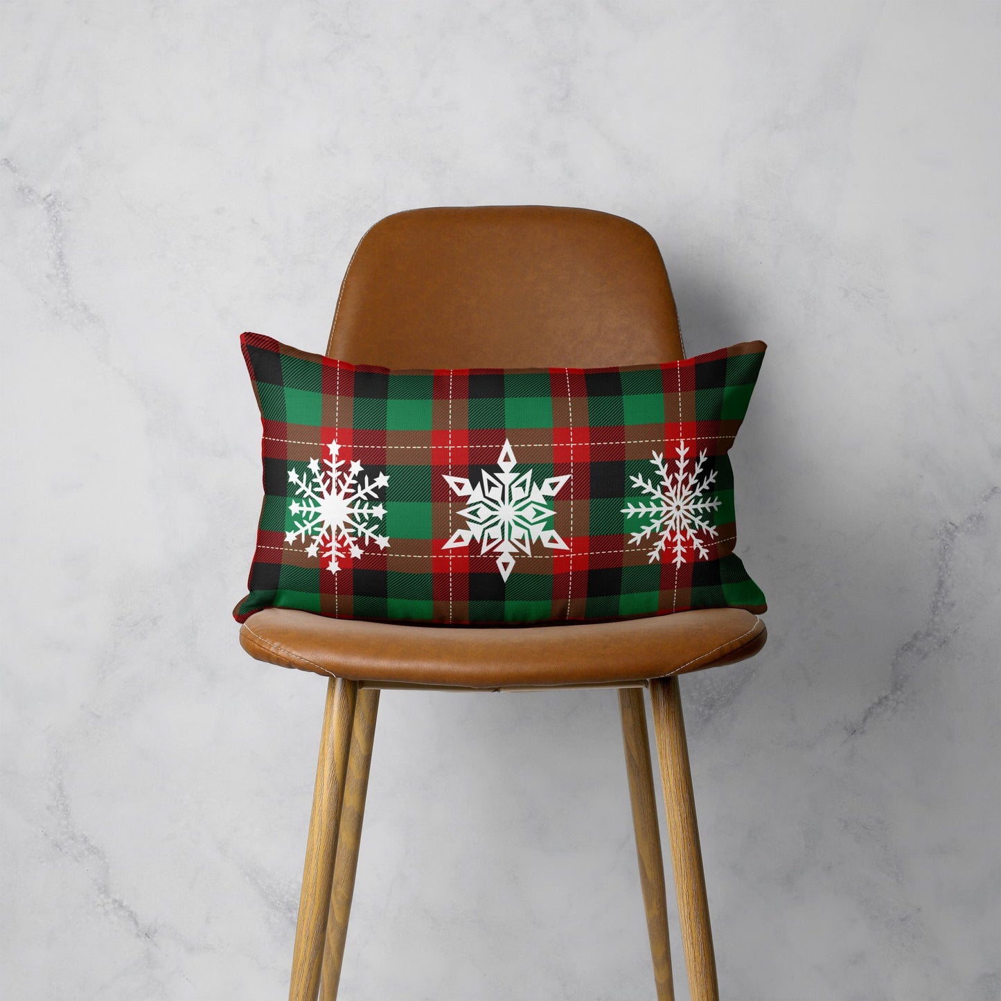 Christmas Snowflake Trio Plaid Lumbar Throw Pillow