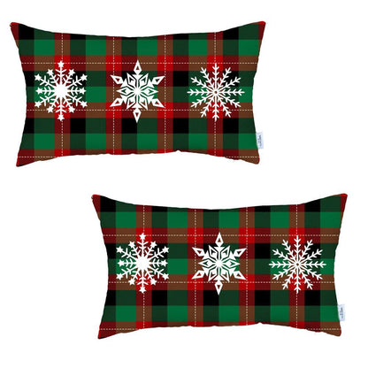 Set of 2 Christmas Snowflake Trio Plaid Lumbar Throw Pillows