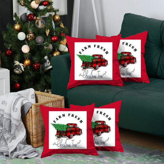 Set Of Four 18 X 18 Red Plaid Zippered Polyester Christmas Tree Throw Pillow