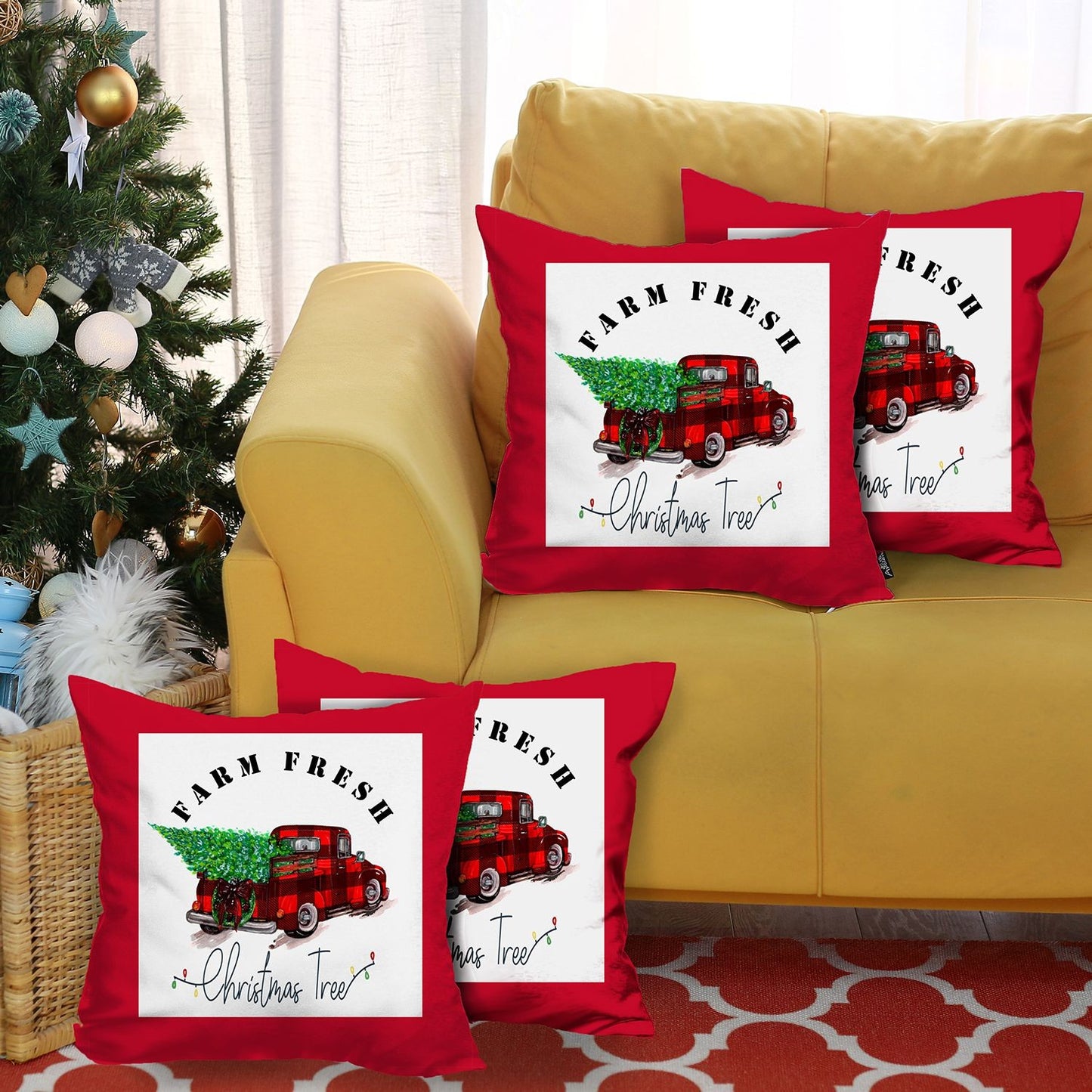 Set Of Four 18 X 18 Red Plaid Zippered Polyester Christmas Tree Throw Pillow