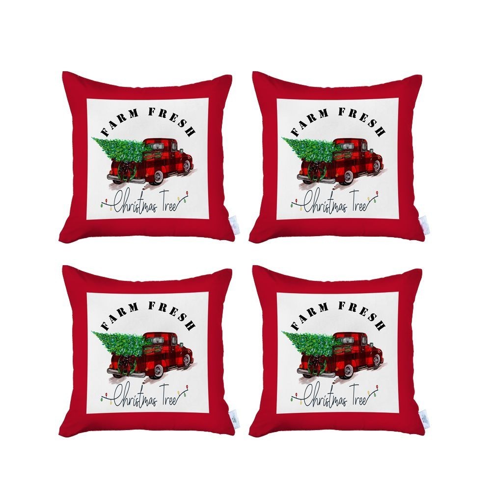 Set Of Four 18 X 18 Red Plaid Zippered Polyester Christmas Tree Throw Pillow