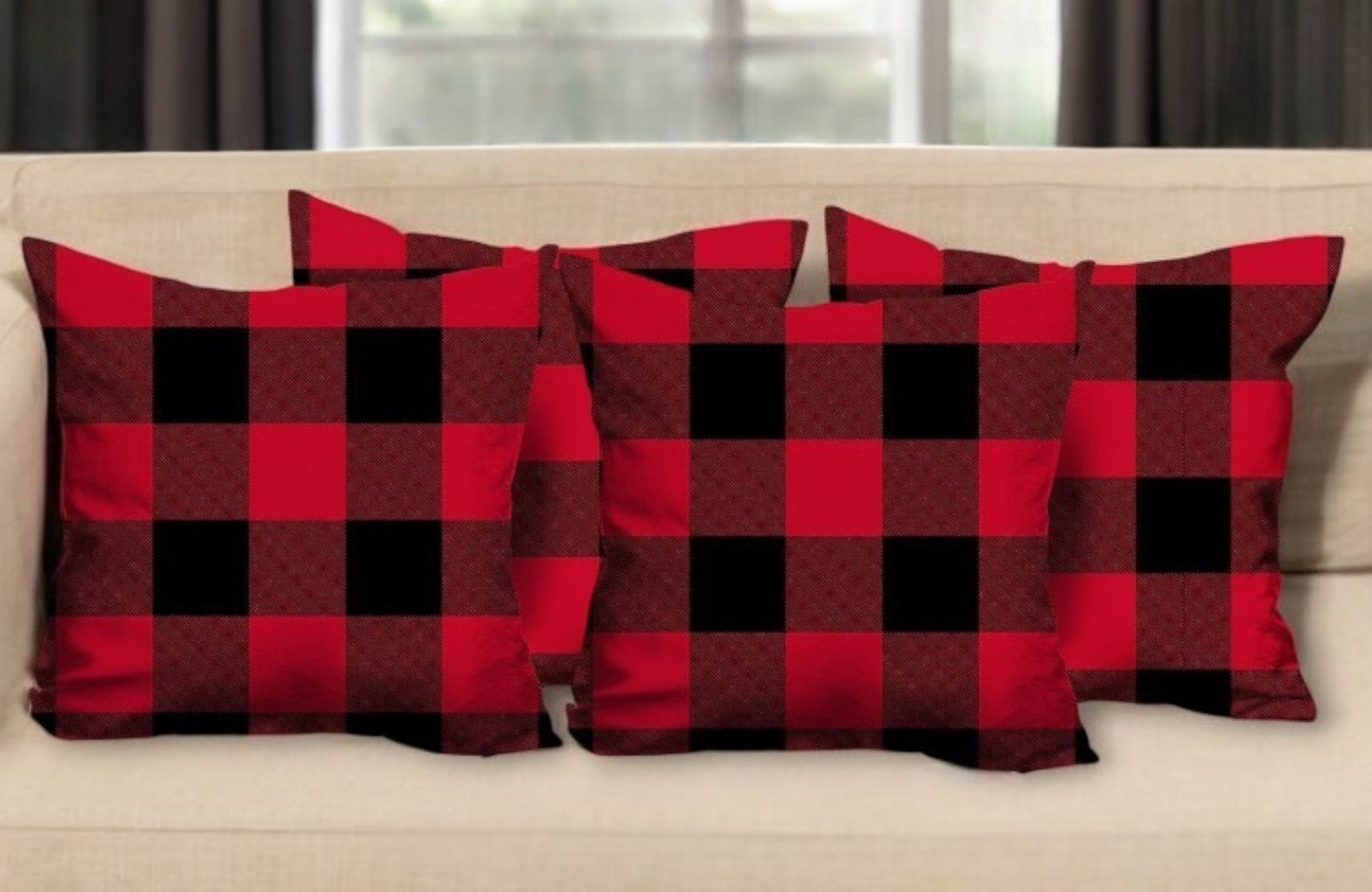 Set Of Four 18 X 18 Red And Black Plaid Zippered Polyester Christmas Throw Pillow