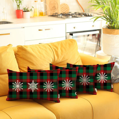 Set of 4 Christmas Snowflake Trio Plaid Lumbar Throw Pillows