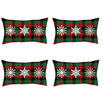 Set of 4 Christmas Snowflake Trio Plaid Lumbar Throw Pillows
