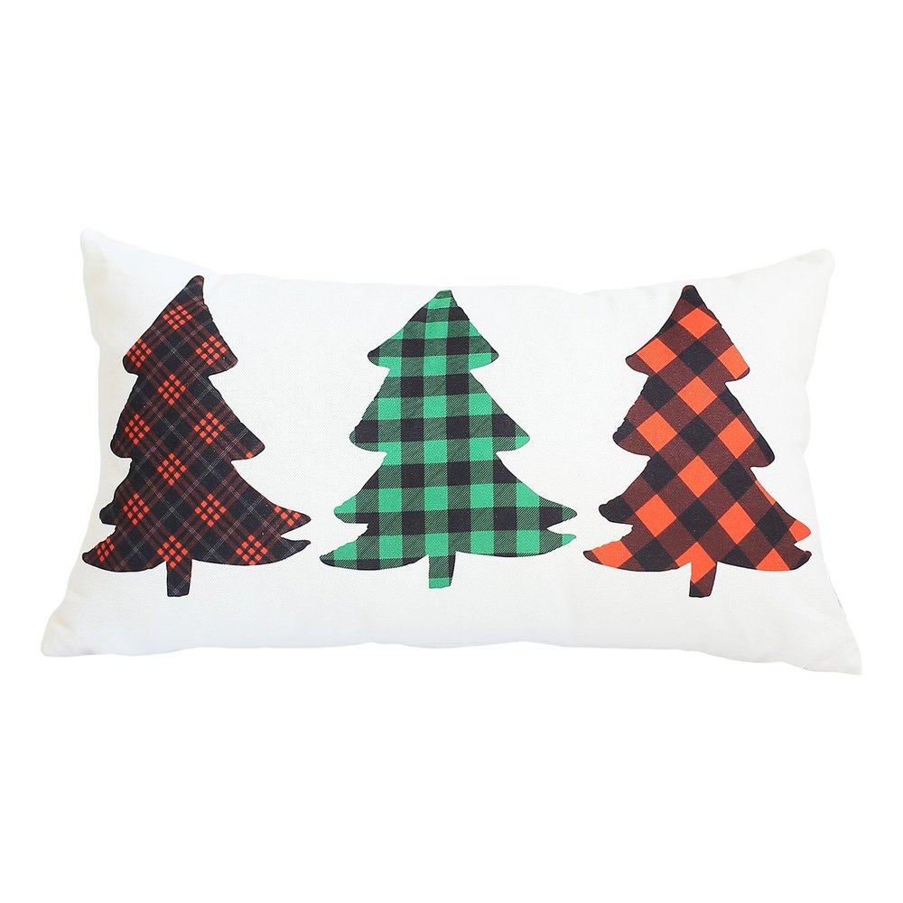 Christmas Tree Trio Plaid Lumbar Throw Pillow