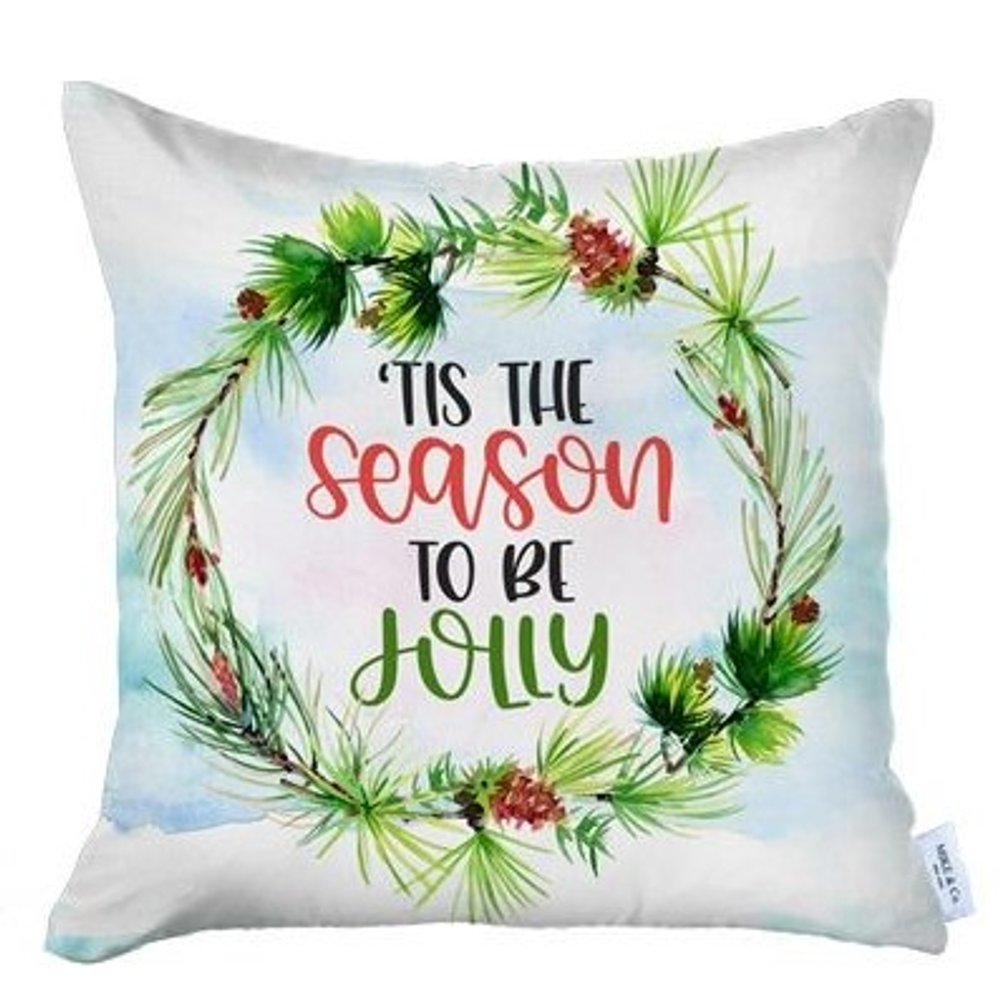 Set of Four Green Red and White Merry Christmas Tis the Season Christmas Wreath Fabric Throw Pillows