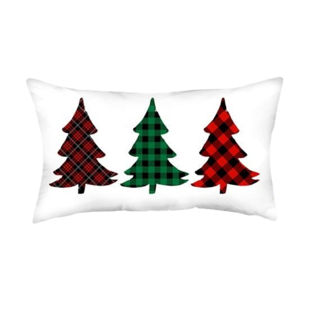 Set of Four White Red and Green Christmas Trees Plaid Fabric Lumbar Throw Pillows