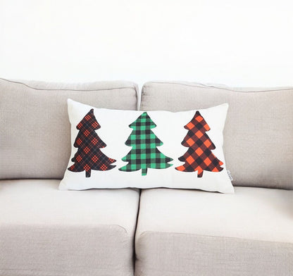 Christmas Tree Trio Plaid Lumbar Pillow Cover