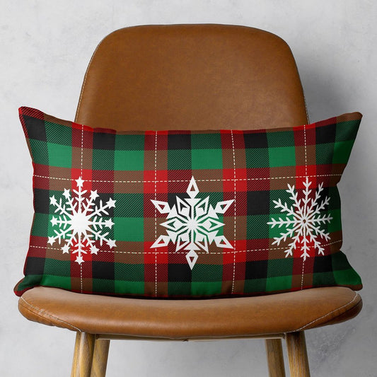 12" X 20" Green Red And Black Christmas Snowflakes Trio Plaid Throw Pillow Cover